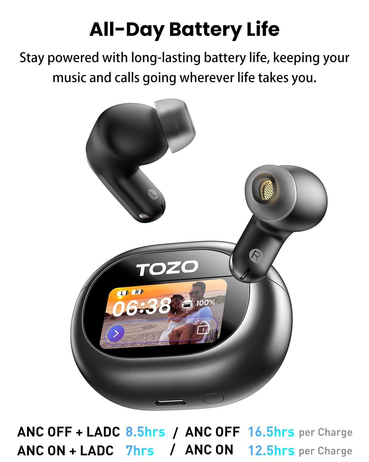 TOZO NC20 Pro Auriculares Bluetooth 6.0, Pantalla táctil & ANC 52dB | Audio LDAC Hi-Res, 12mm controlador,6 mics ENC,carga rápida e inalámbrica, 12mm controlador, IPX8,detección de uso,modo juego