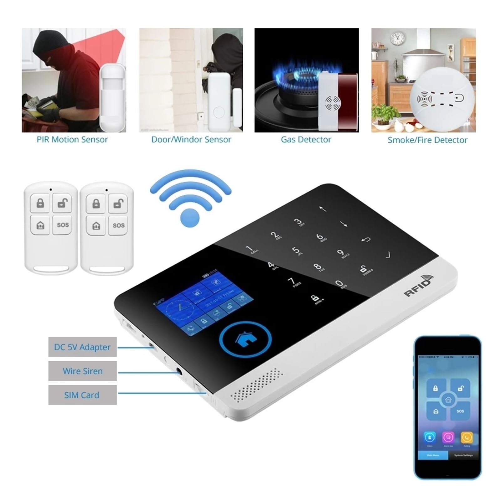 Sistema de alarma de seguridad para el hogar, Alarma inteligente, cable inalámbrico, en casa, GSM, seguridad del hogar con Sensor Detector de movimiento, de alarma antirrobo, Control por aplicación p