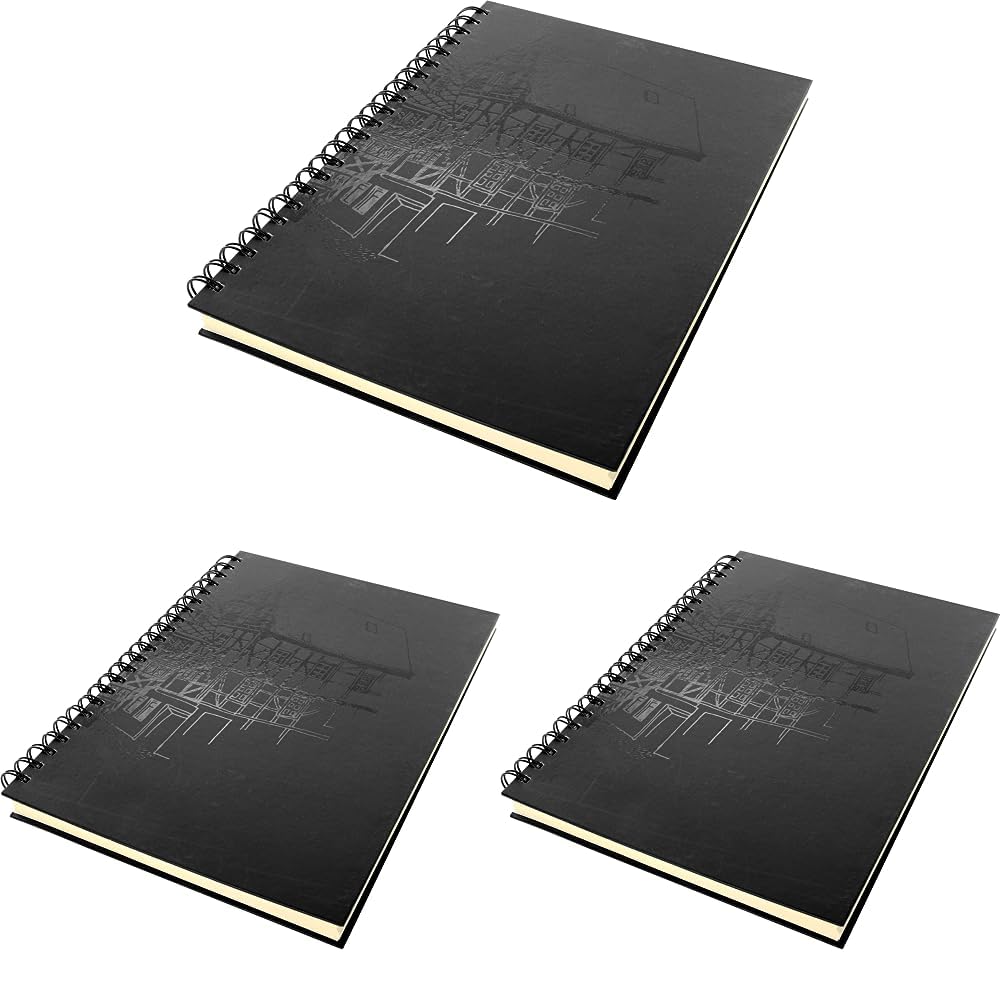 Kangaro Skizzenbuch A4 blanko, Wire-o, Hardcover, schwarz mit Druck, 140g creme Papier, K-5576 (Packung mit 3)