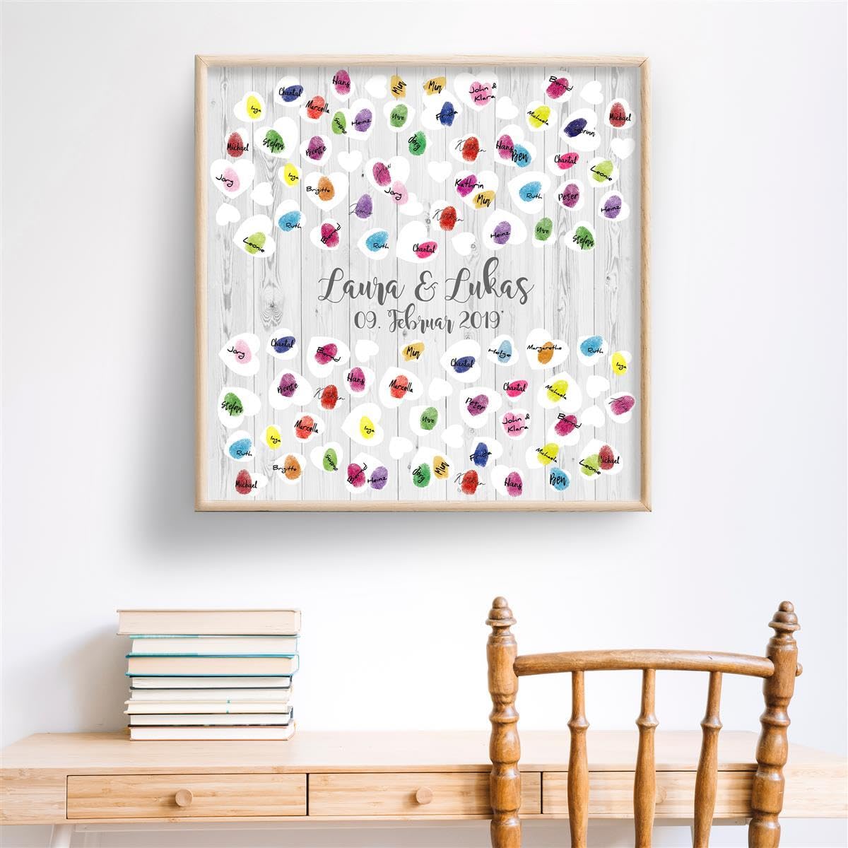 Madyes Płótno ślubne, księga gości z drewna i serca dla pary młodej, jako prezent, dekoracja ślubna, imiona z datą, wymiary 50 x 50 cm, na blejtramie drewnianym