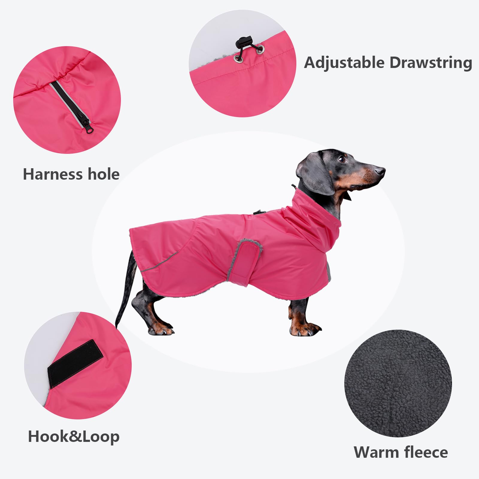 Teckeljassen waterdicht geschikt voor teckels, worst, weiner, hondenwinterjas, gewatteerde fleece puppy sneeuwpak met verstelbare bandjes reflecterende streep - geruitrood - S