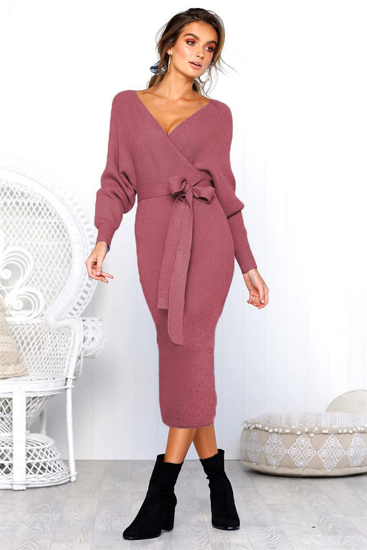 Qingyuan Amazon Cross-bo er New Euro an and American Women's Clothing 2022 Summer Solid Color V-ne tie Long-Sleeved dr bla XL offers donot miss