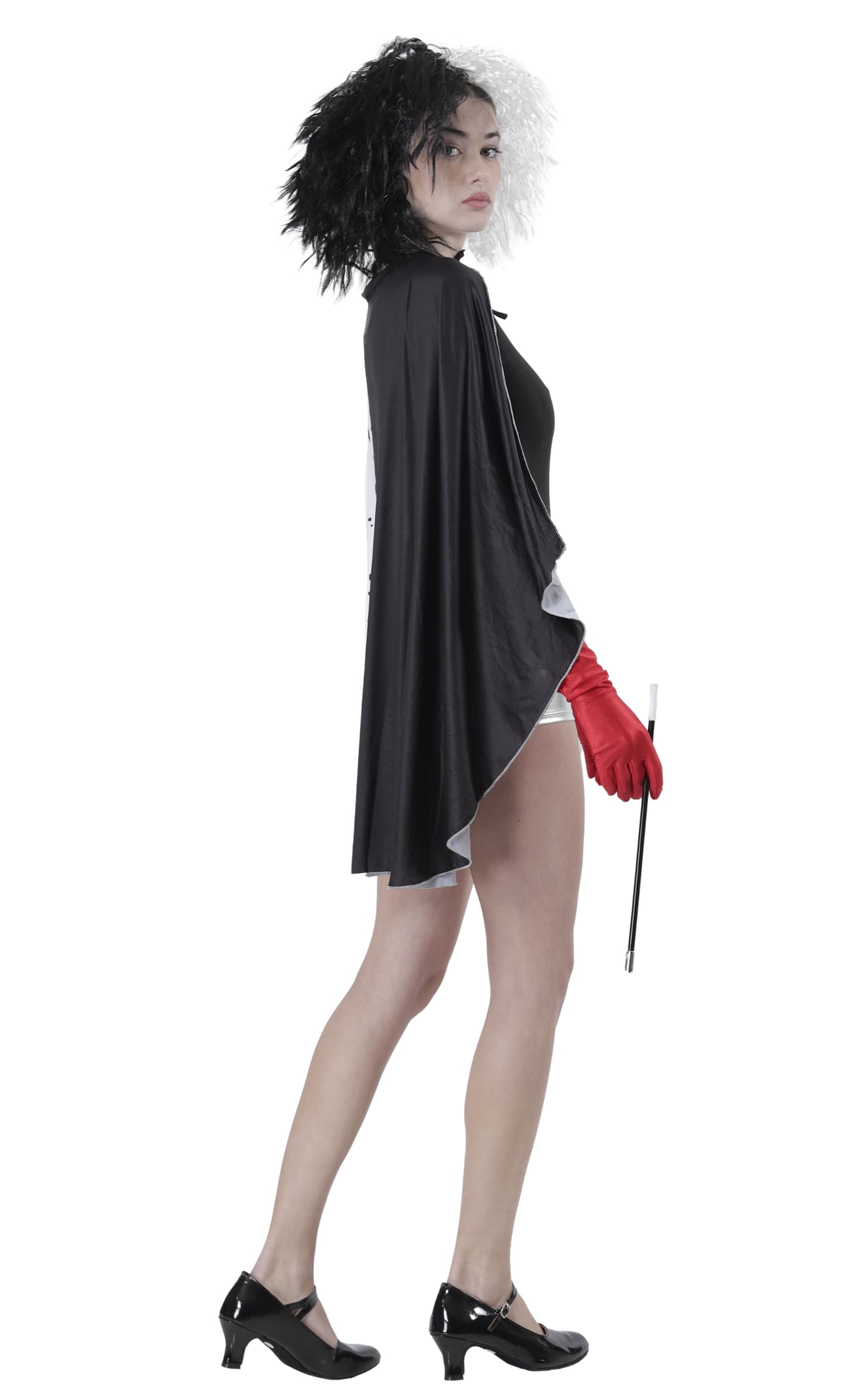 Carnavalife Capa Cruella Devil Mujer, Peluca Blanca y Negra Cruella de Vil Disfraz, Guantes Rojas Largas y Cigarro Cruella Devil para Disfraz Dalmata Adulto Mujer Halloween