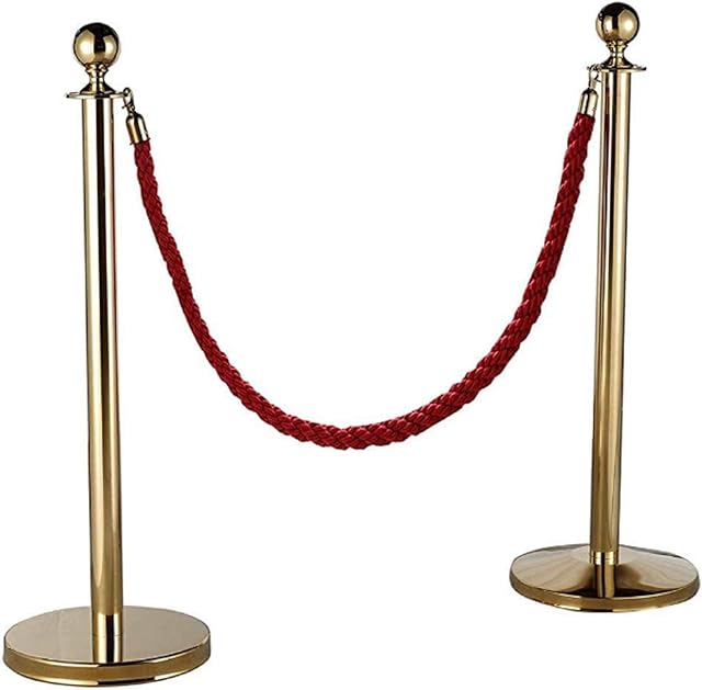 YORKING Queue Rope Barrier Post Stand for Red Carpet Round Top Polished Brass Stanchion Queue Barrier with Stainless Steel Crowd Control Barrier Post Line with 1.5m Red Twisted Rope (Gold)
