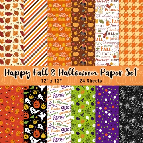 Adurself 24 Sheets Fall & Halloween Pattern Paper - 12 x 12In,...