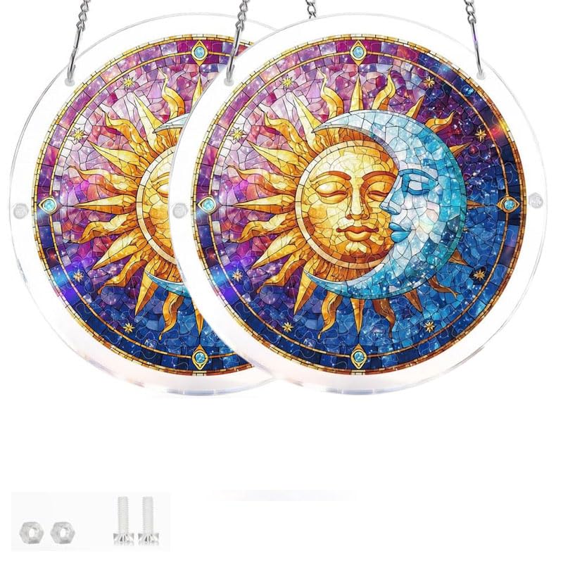 Sun and Moon Harmony Acrylic Puzzle Suncatcher, 7.4 Inch Stained Glass Style Window Hanging, Garden & Home Decor Ornament, Unique Birthday Gift (2)