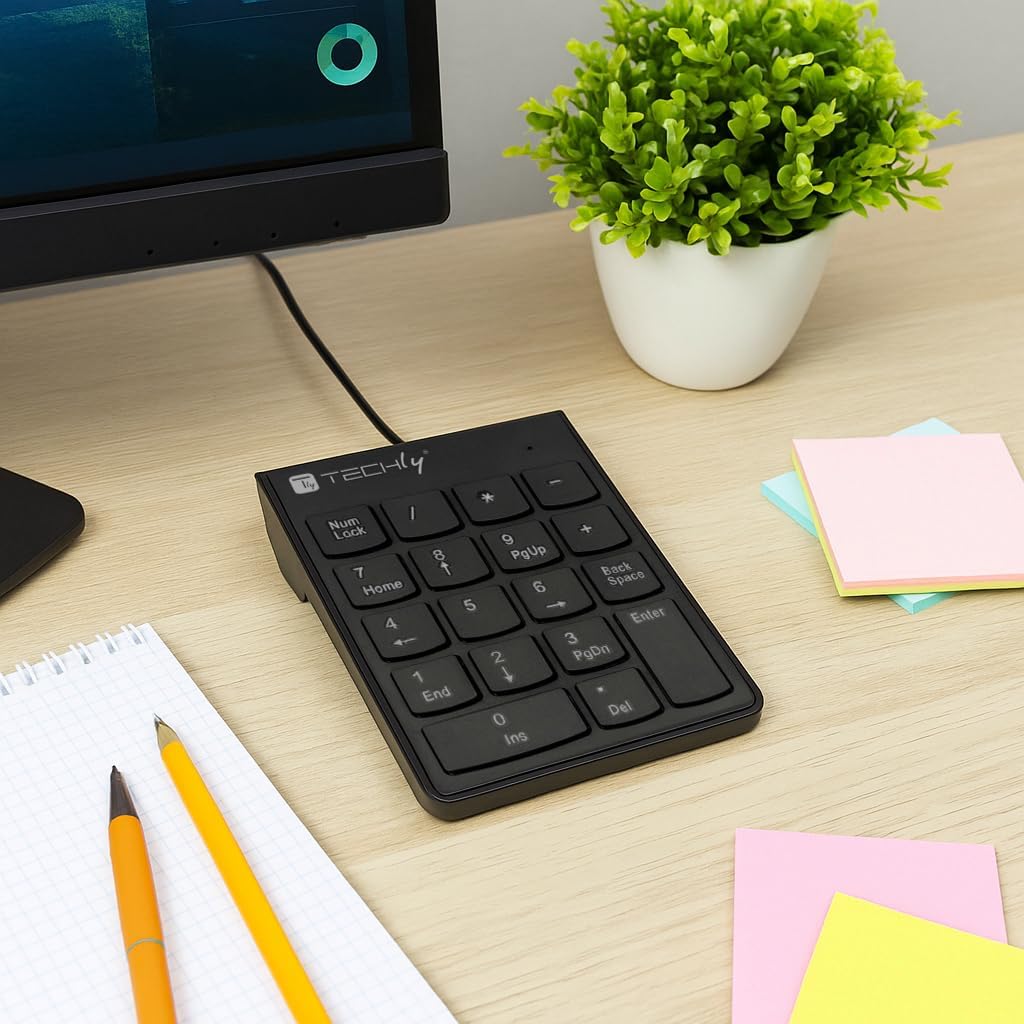 Techly 362794 Mini USB Wired Numeric Keypad connected to a computer on a desk