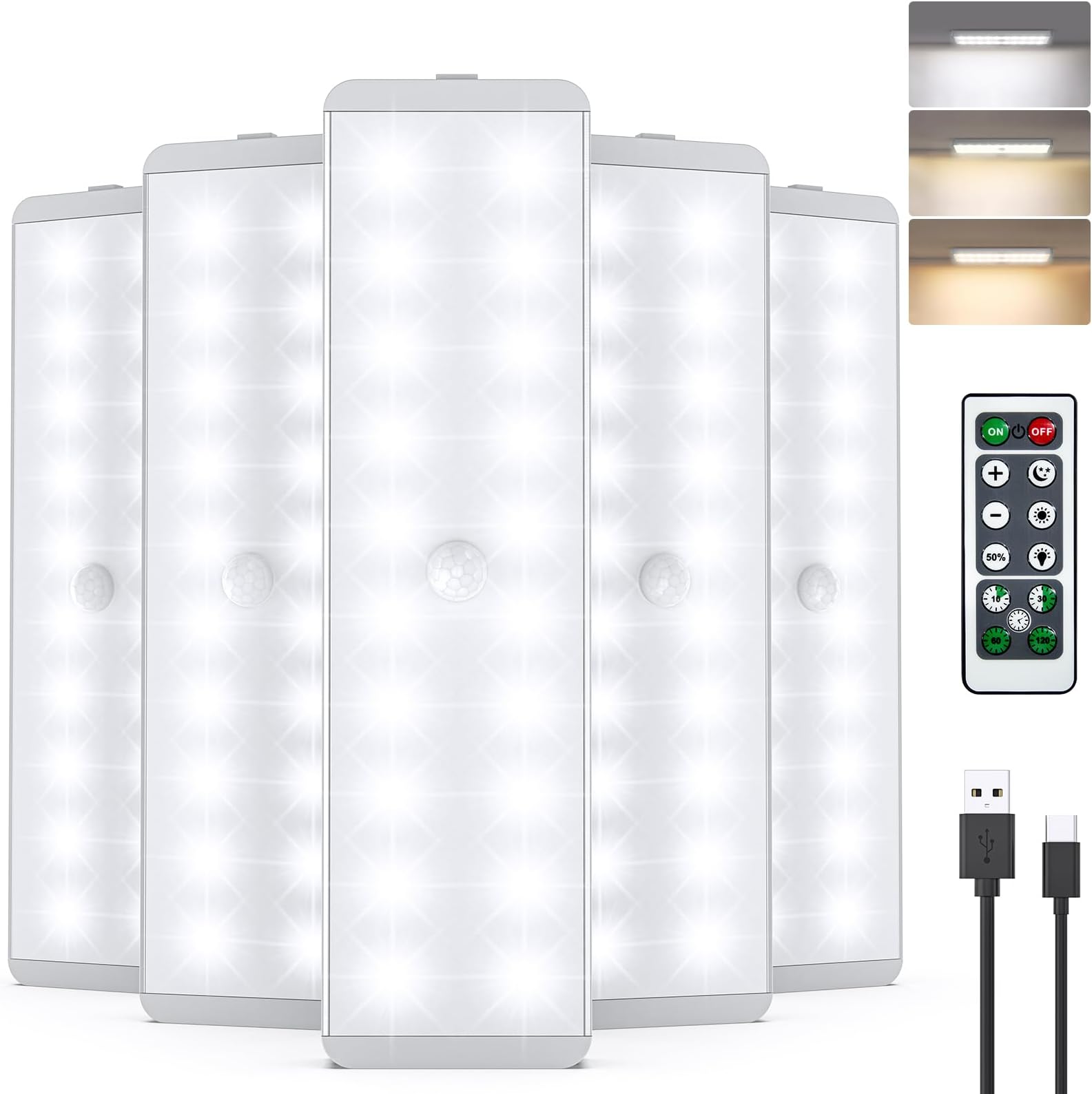 LED Closet Light, Newest 20LEDs Dimmer USB Rechargeable Motion Sensor Light Under Cabinet Lighting with Remote Control, Wireless Stick-Anywhere Night Safe Light Bar for Wardrobe,Kitchen-5 Pcs