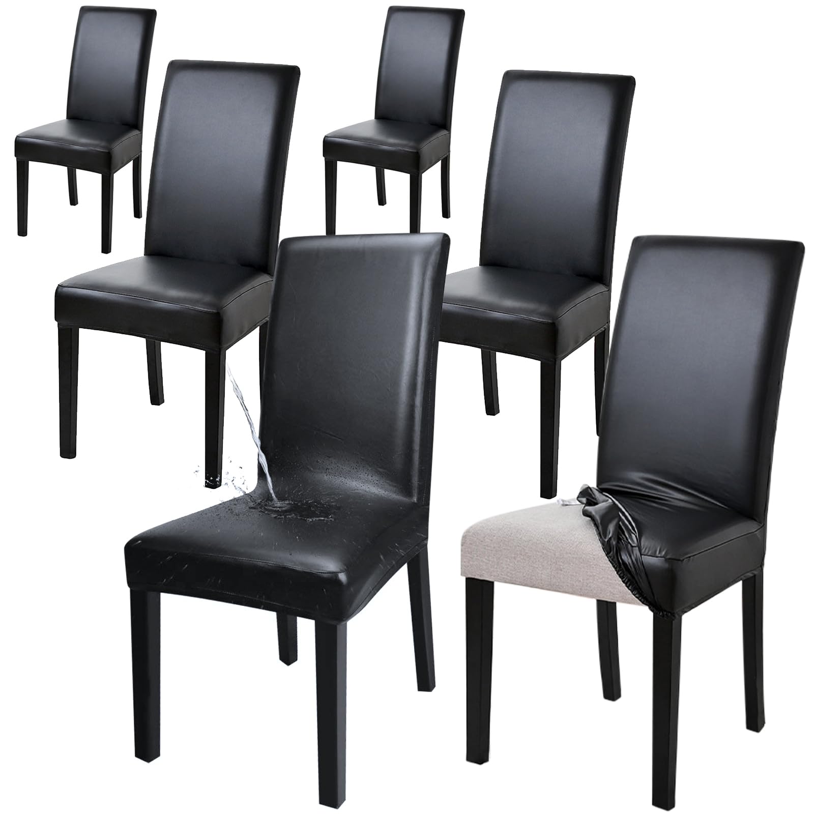 JAOGAUS Fundas Sillas de Comedor Pack 6, Funda Silla PU, Fundas Sillas Elástica Ajustables, Fundas Sillas de Comedor Impermeable, Funda Asiento Silla Lavables para Cocina/Restaurante/Boda/Fiesta