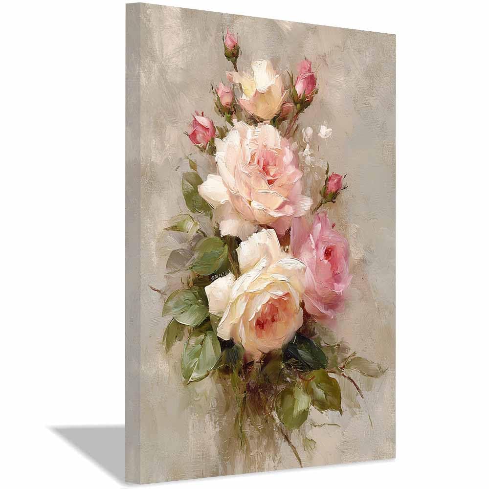 Hoqiu Multicolor Flower Wall Art Canvas Vintage Pink Ros Art Artwork, Wall Decoration Living Room Bedroom Hallway Stairs Decoration.(Multicolor)-60X80cm Framed