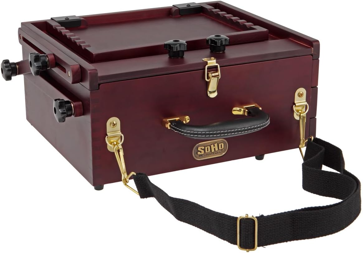 Soho Urban Artist Pochade Box for Plein-Aire Painting French Easel, Lightweight, Portable & Adjustable, Mahogany Finish
