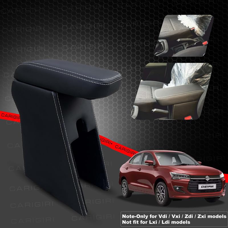 Image of Carigiri Premium Finish Car Armrest with Storage Box And High Density Moulded Foam For Maruti Suzuki Dzire (Models-2024,2025)(ONLY FOR VXI,VDI /ZXI,ZDI /ZXI+ MODELS) (White Seam,Nappa Leather)
