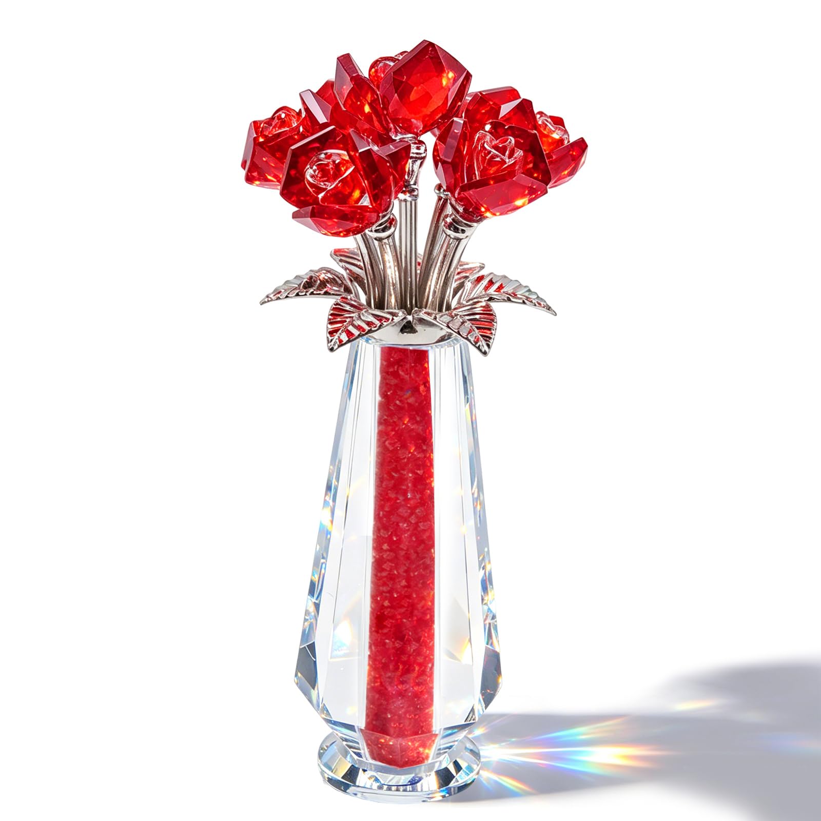 JUUDDENPARTS Elegant Crystal Red Rose Bouquet, Handcrafted Glass Flower Figurine, Suitable for Home Decor and Meaningful Gifts for Loved Ones on Special Occasions (Red)