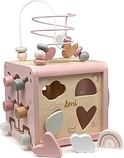 Wooden Motor Skills Cube - Pink I Motor Skills Toy from 1 Year Personalised with Name I Activity Cube as a Gift for 1st Birthday for Girls I Activity Cube from 12 Months