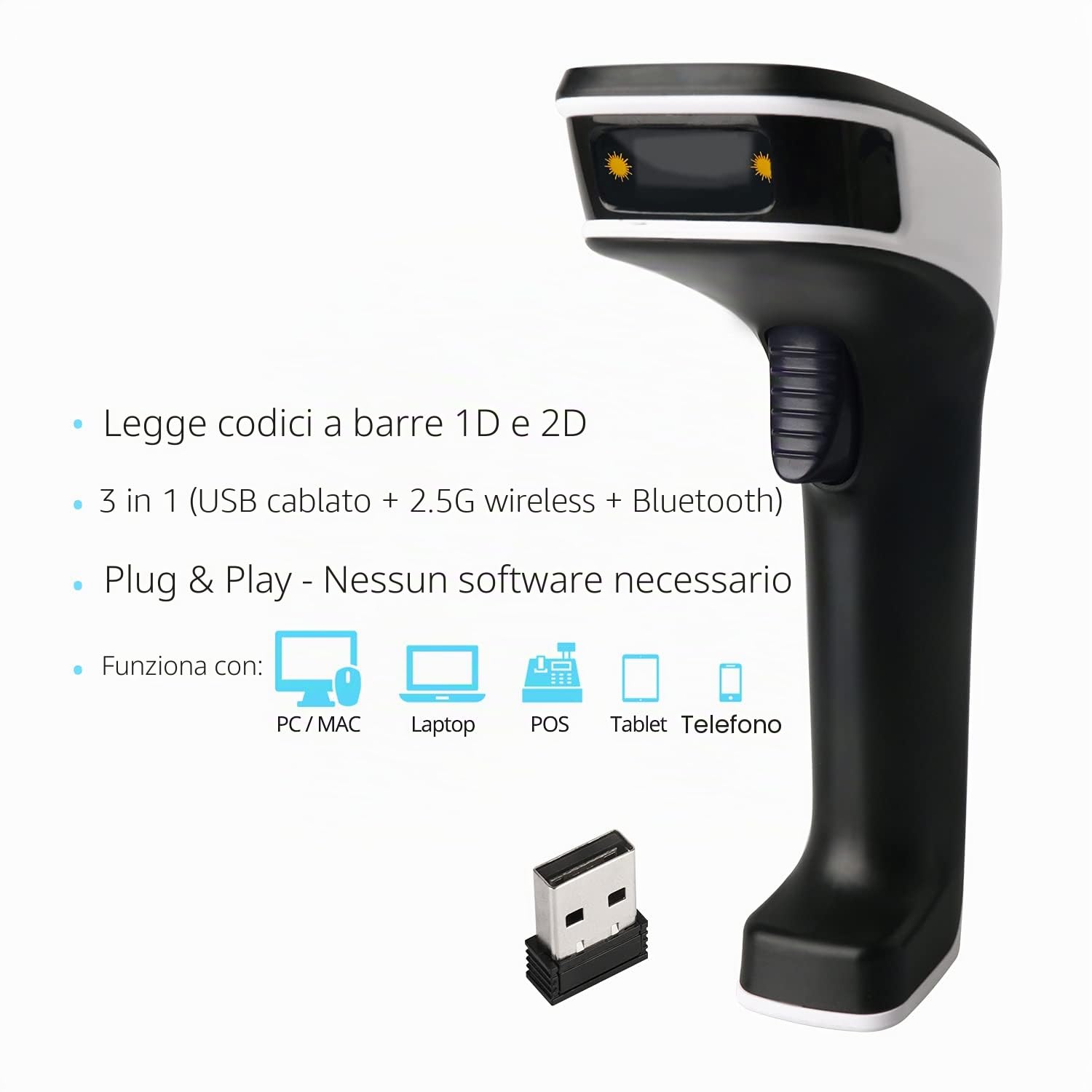 ScanAvenger Scanner di codici a barre, Bluetooth wireless portatile Pistola di scansione 1D e 2D senza fili, ricaricabile per la gestione dell'inventario - Lettore di codici a barre/QR, palmare, USB