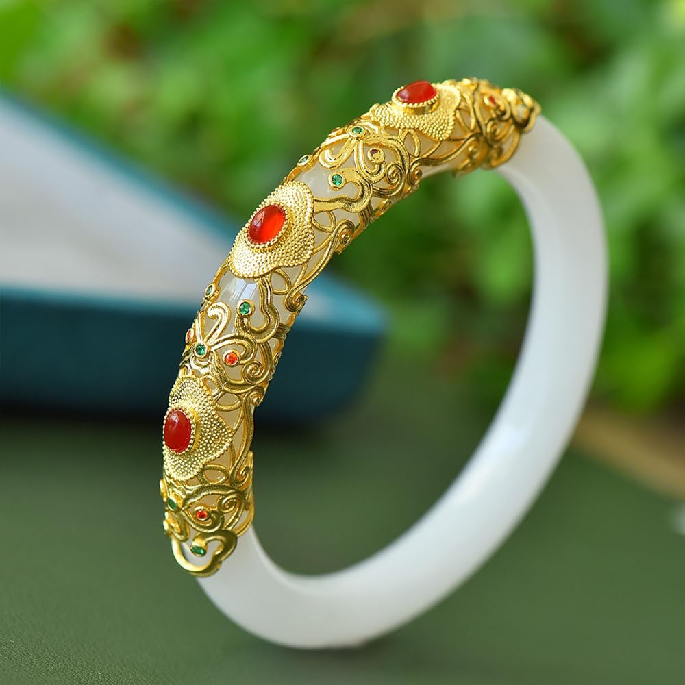 Pulsera de Brazalete de Jade Blanca para Mujeres Buena Suerte Mujer de Brazalete Rojo Rhinestones Decorados de Oro Antiguo Diseño de Incrustaciones Jade Stone Pulsera (de Piedra Jade35,58-59)