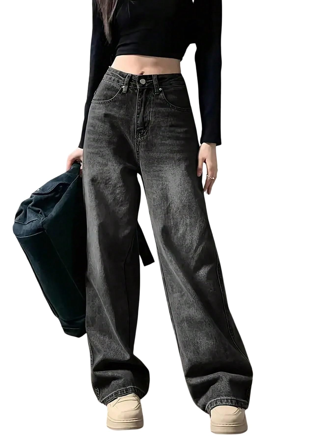 SweatyRocks Jeans da ragazza a vita alta jeans con tasche a gamba larga, jeans con chiusura lampo, jeans in denim con bottone, pantaloni casual