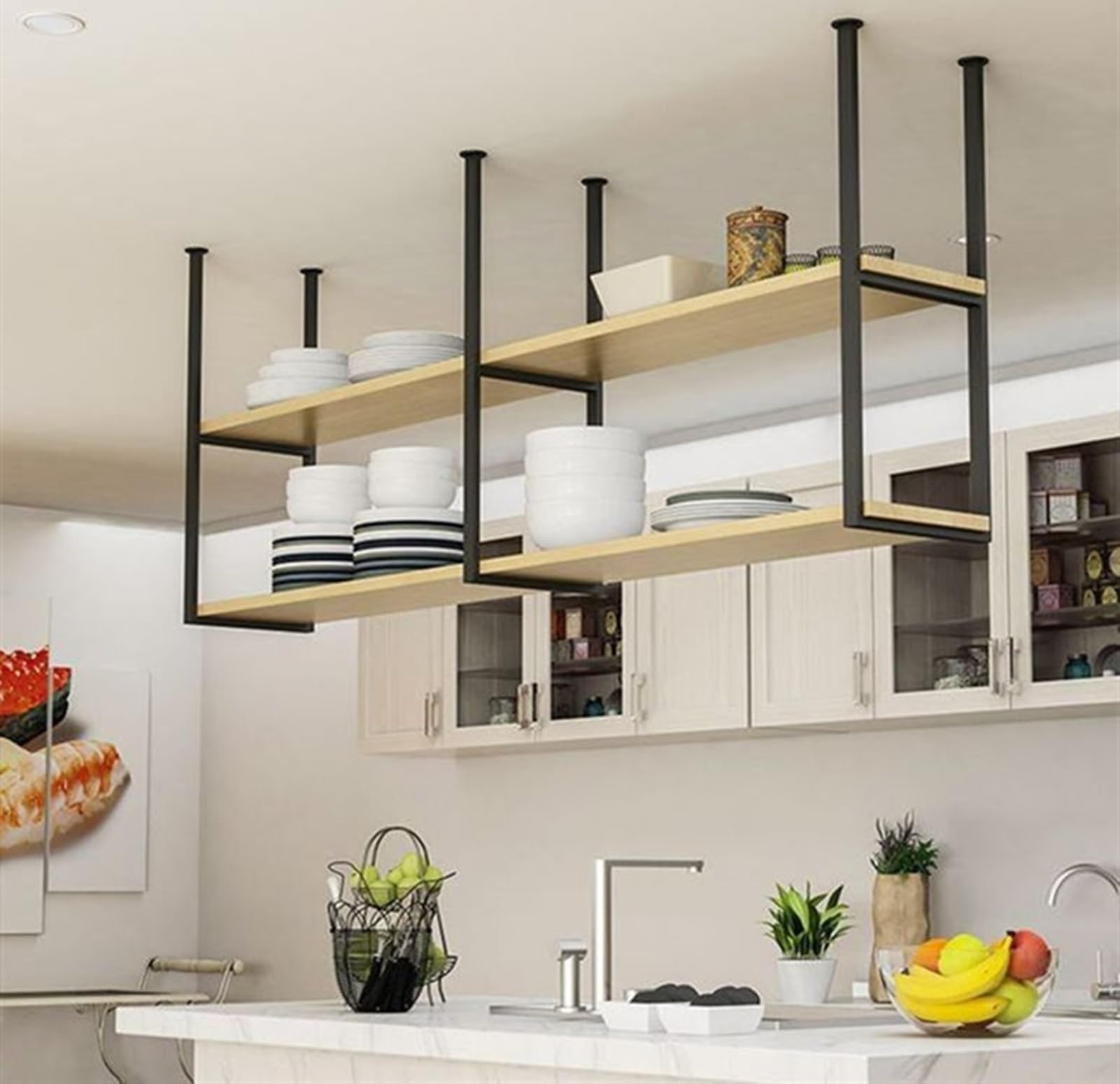 Support de suspension au plafond pour cuisine et balcon, étagère à vin au style bistrot