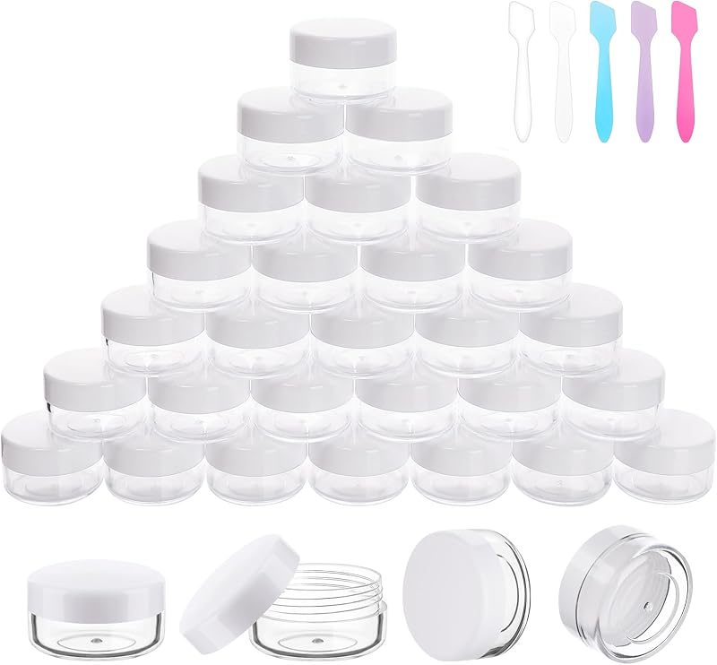 Accmor Frascos Cosméticos Recarregáveis de 10 g com Tampa Branca, Pacote com 30 e 5 Espátulas
