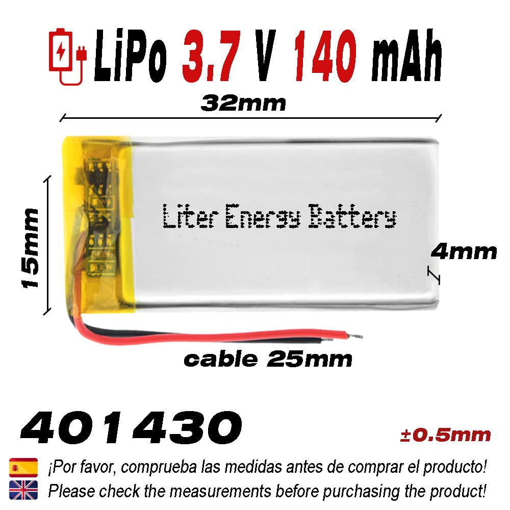 LiPo Akku 3,7V 140mAh 401430 – Wiederaufladbar, Mit Schutzschaltung, Für Kleine Elektronik (32x14x4 Mm)