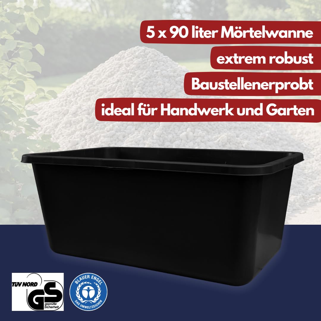 Mörtelkästen 65-90 Liter | Mörtelkübel rund oder eckig | Kunstoff-Wannen in Markenqualität | Pflanzkübel für Hochbeet (5 x 90l eckig)