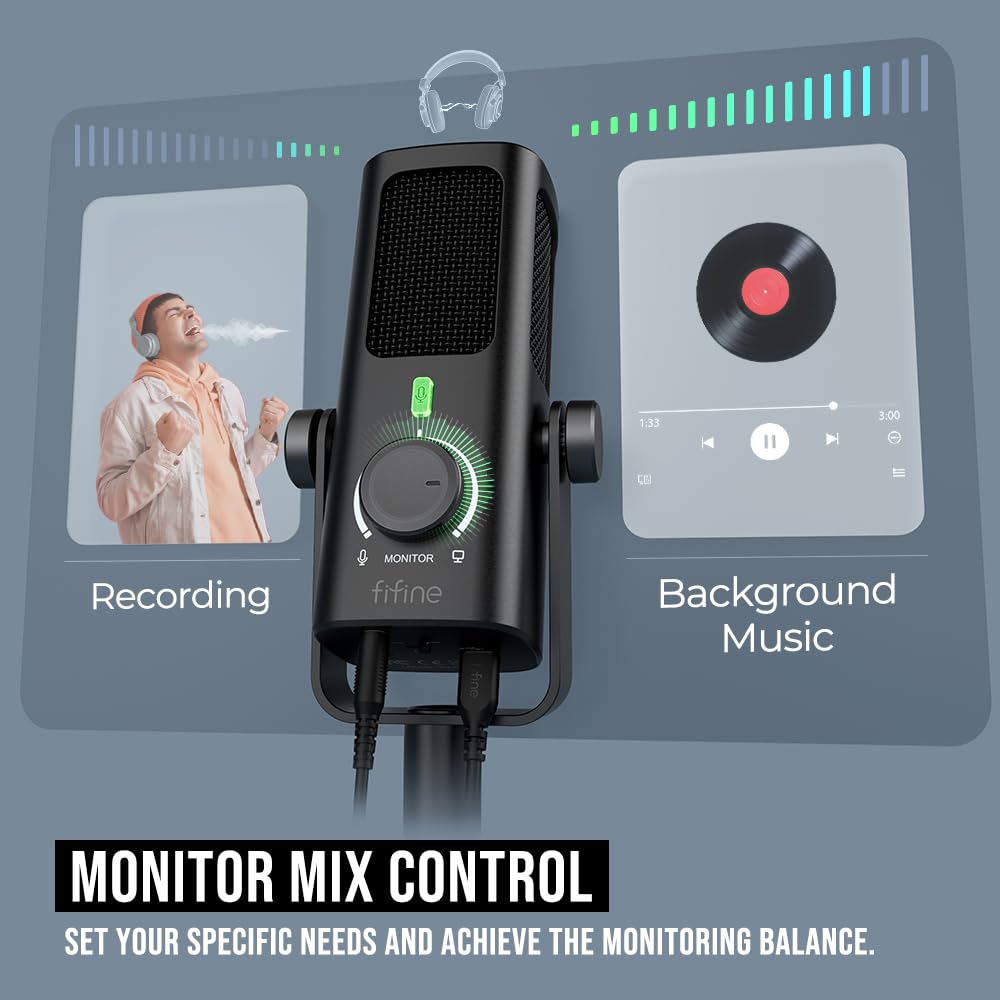 FIFINE Low-Cut Mikrofon Profile3, USB-Kondensatormikrofon mit Monitor-Mix-Lautstärkeregelung für Studio-Aufzeichnung/PC-Streaming, Metal-Mikrofon für YouTube Music Vocal Creatio