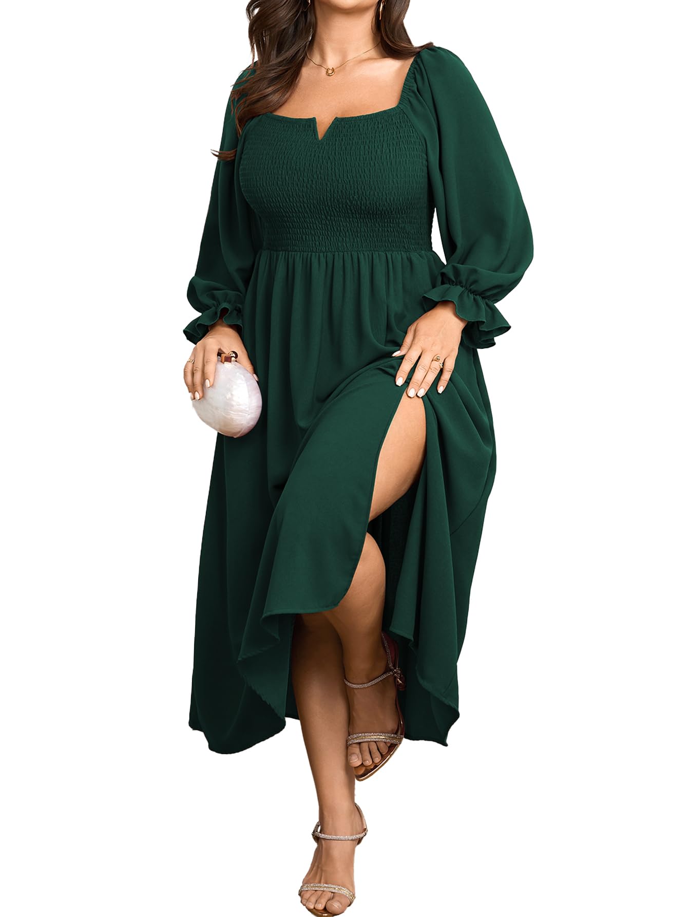 SCOMCHIC Womens Plus Size Maxi Dress Long Sleeve Square Neck Smocked Wedding Guest Flowy Split Fall Dresses with
