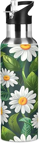Miniatura 8 de BPA-Free Sports Water Bottle 32 Oz, Insulated Stainless Steel Water Bottle with Straw for Gym Outdoor Travel School, White Daisy Flowers Green Leaves