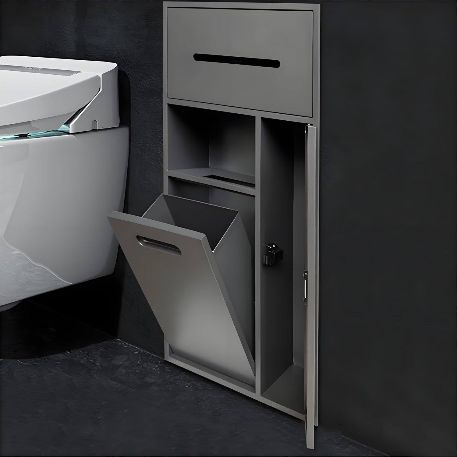 TIANQIHAO Stainless Steel Shower, Built-In Toilet Paper Holder, Hidden Trash Can, Kitchen Shelf Nizer - Grey 40X86X14Cm / 15.7X33.9X5.5In,Gris-30x65x14cm/11.8x25.6x5.5in