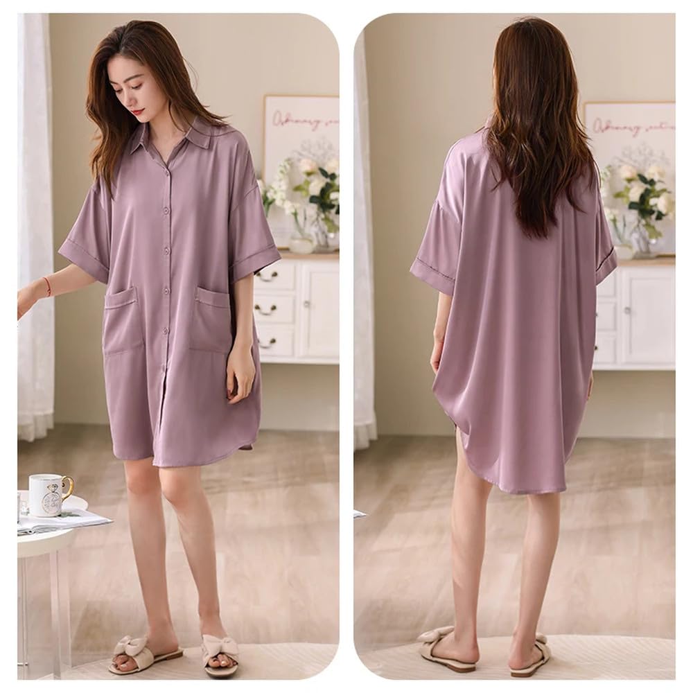 Camisón para Mujer - Camisones De Satén De Seda para Mujer, Camisones De Manga Corta con Solapa Y Cuello En V, Cárdigan con Botones, Ropa para El Hogar