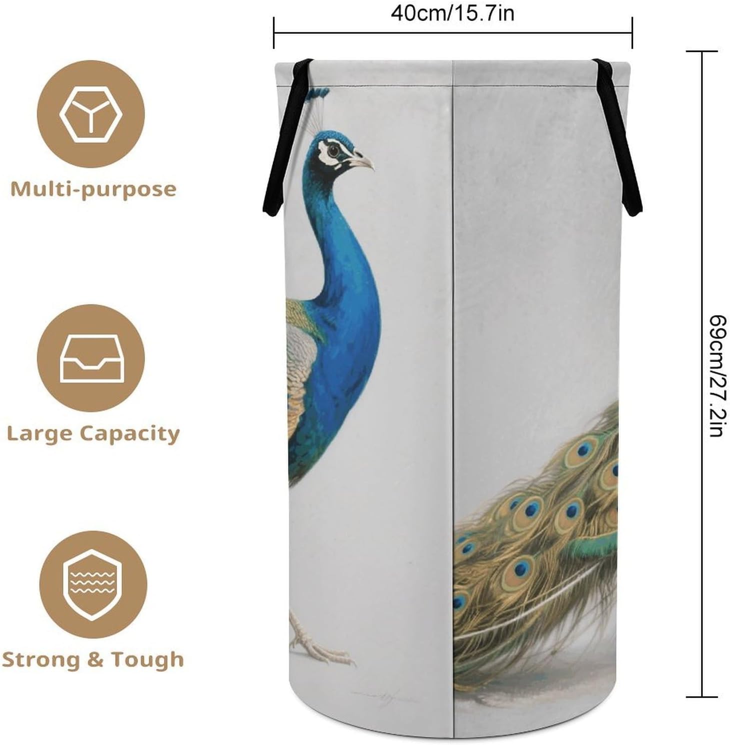 Green Peacock Laundry Hamper Fashion Dirty Laundry Hamper Portable Laundry Hampers with Handles Lightweight Large Clothes Storage Basket for Bedroom Bathroom