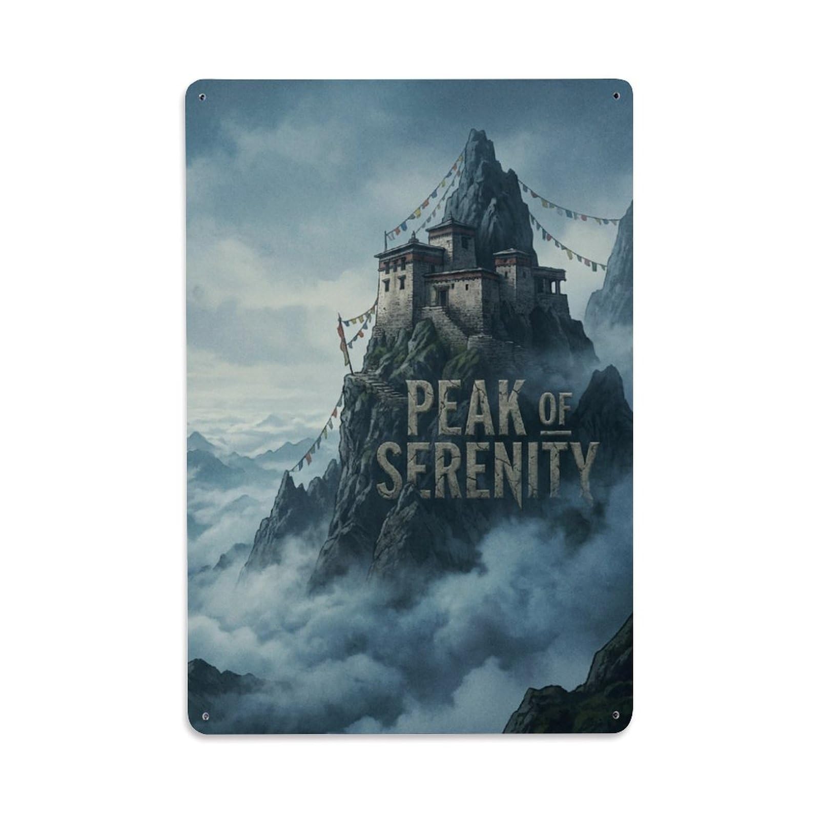 Mountain Peak Serenity Meditation Zen Monastery Heritage Metal Tin Sign Plaque Wall Decor for Cafe, Man Cave, Club Bar, Office, Home Garden Round Metal Poster 8x12Inch