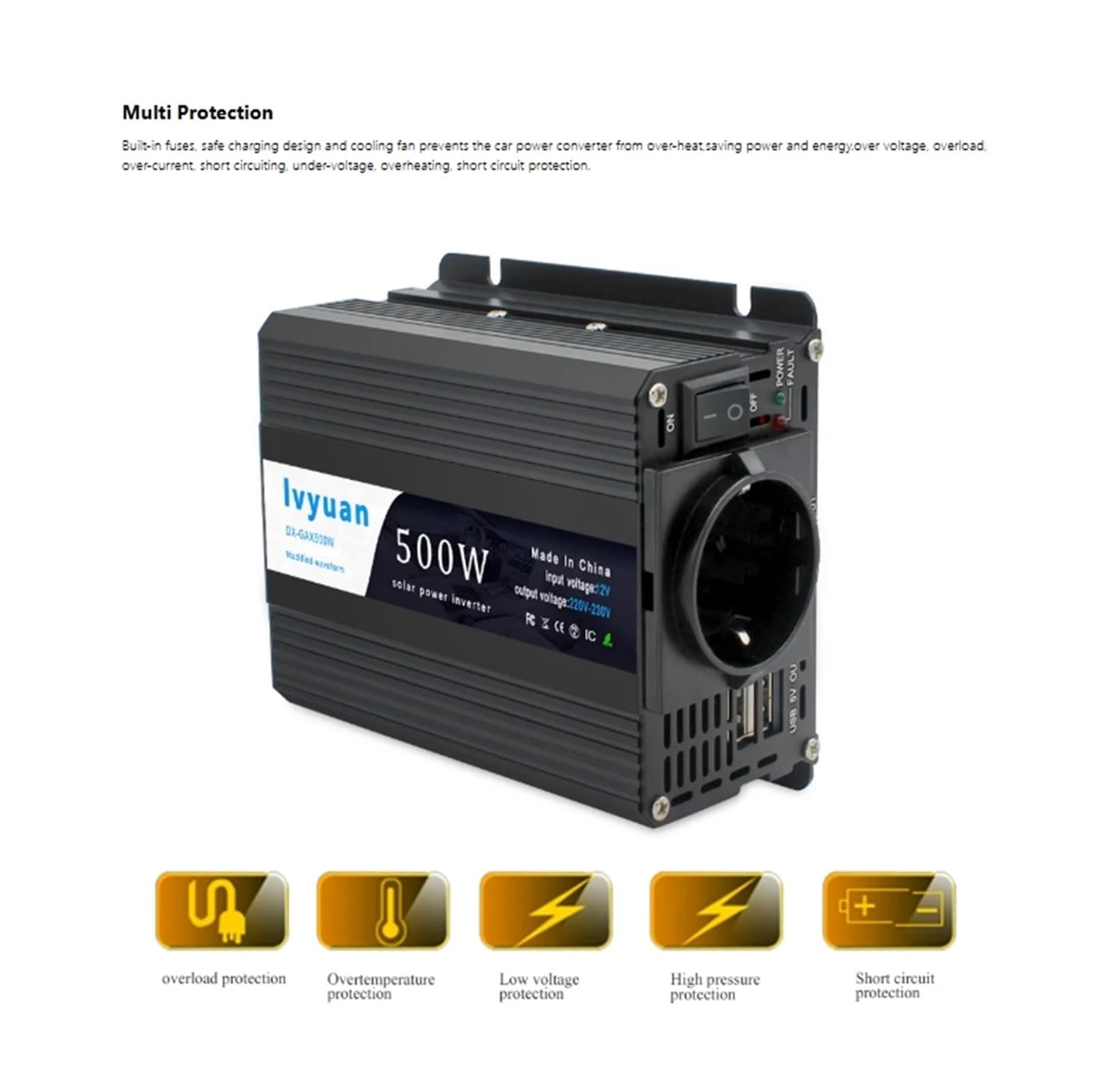 Power Inverter Inversor Coche 12V A 220V Potencia 500W 1500W 2000W 2600W 3000W Transformador Solar Enchufe Europeo Automático Convertidor(12V 220V 2000W)