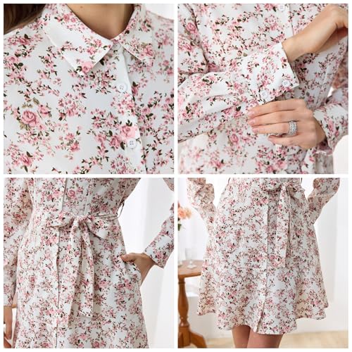 Image of Women's Long Sleeve Button Up Midi Belt Shift Collar Dress with Pockets for Work Office Business
