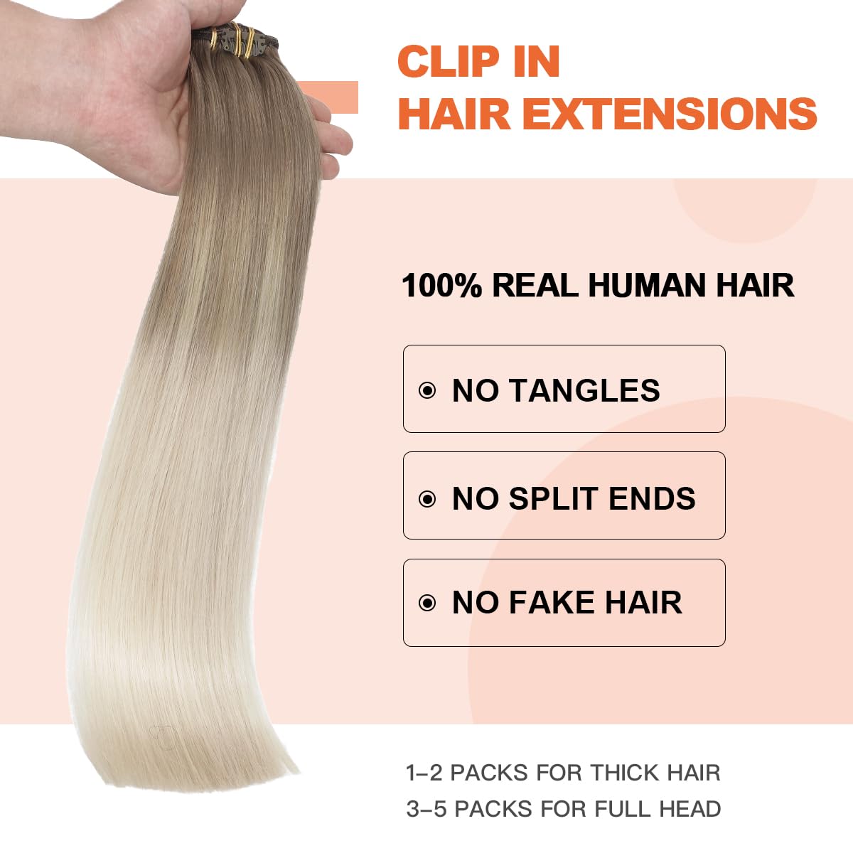 XDhair Clip in Hair Extensions Human Hair 16Inch 100g 6psc Ombre Ash Brown Highlighted with Blonde Clip in Human Hair Extensions #8/60 16inch - Image 3