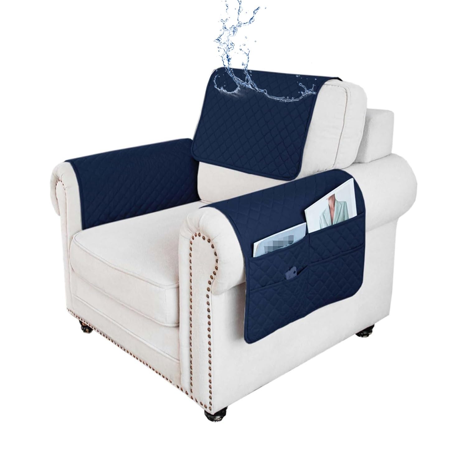 ILiemao 3 or 4 or 5 Pieces Sofa Headrest Cover for Recliner Chair with Storage Pockets Non Slip Armrest Cover Fuzzy Couch Cover Washable Furniture Protector(F11,3 piece set)