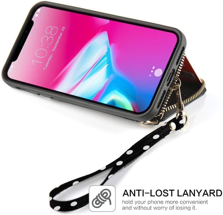 ZVE Case for Apple iPhone Xs and iPhone X, 5.8 inch, Zipper Wallet Case of Leather Shockproof Cover with Credit Card Holder Slot Handbag Purse Print Case for Apple iPhone Xs and X - Polka Dots