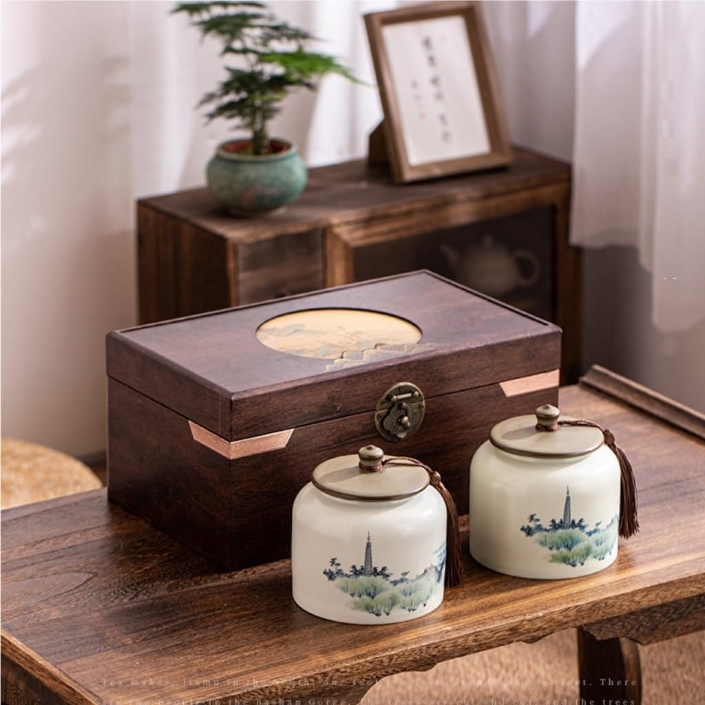 Słoik na cukier Vintage Słoik do przechowywania herbaty luzem, ceramiczny kuchenny uszczelniony słoik z ziarnami kawy, chiński zestaw, opakowanie prezentowe z podwójnym pojemnikiem na herbatę