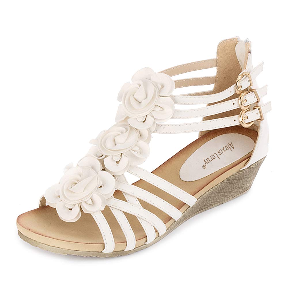 Blumen T-Spangen Damen Rmersandalen Sandalen mit Keilabsatz