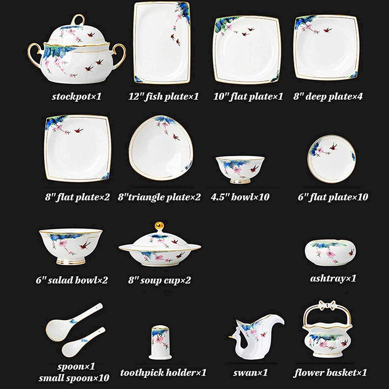 H3TF5J Luksusowy ceramiczny zestaw zastawy stołowej, 50 sztuk kości w Chinach, zastawa stołowa, Wysoka temperatura Zdrowa porcelana, prezent ślubny i parapetacyjny, projektowanie w stos