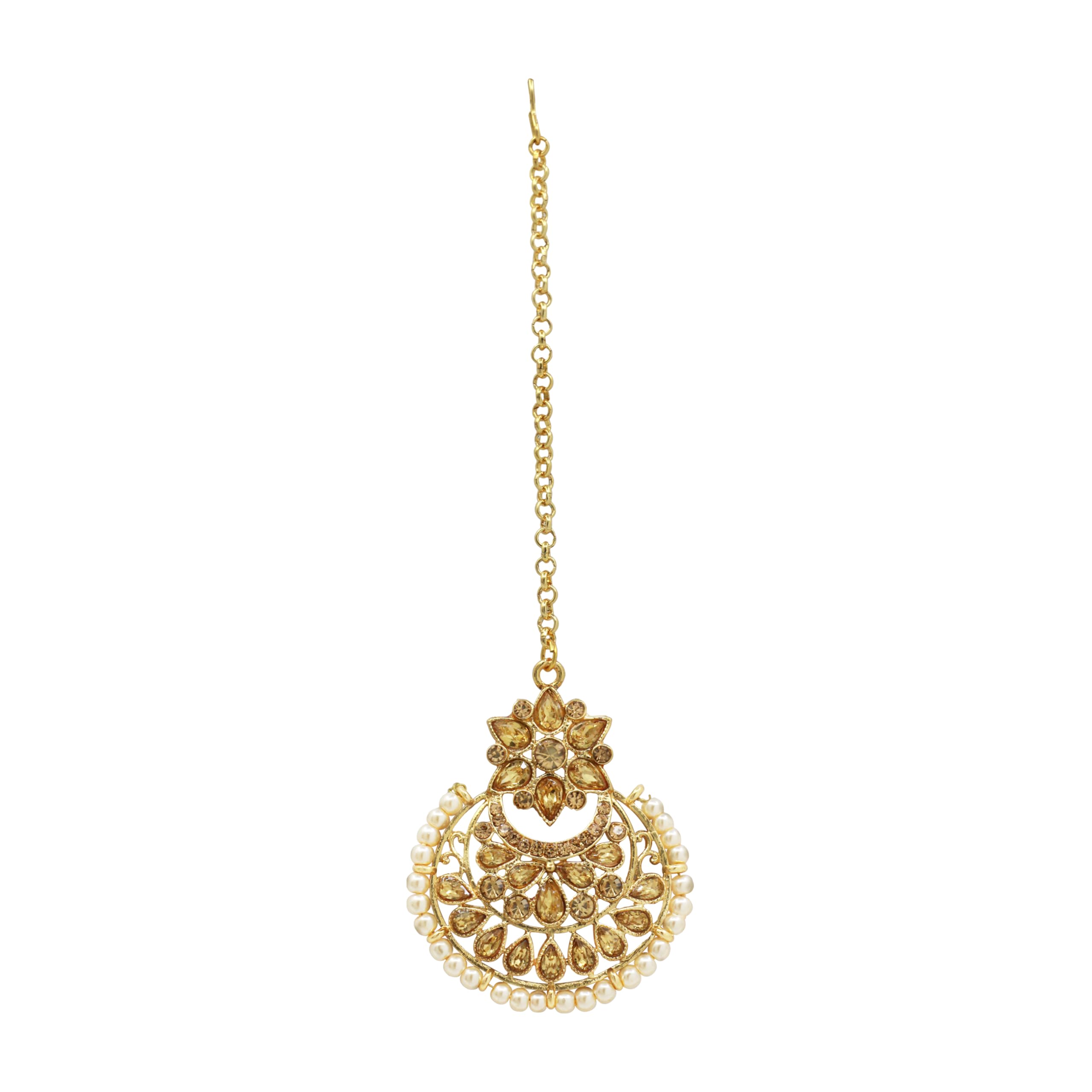 Samyuktha Wedding Collection - Orecchini Chandbali placcati oro con design floreale Maangtikka racchiuso con finto kundan e perle, set di gioielli in oro, metallo, senza pietre preziose, Metallo,