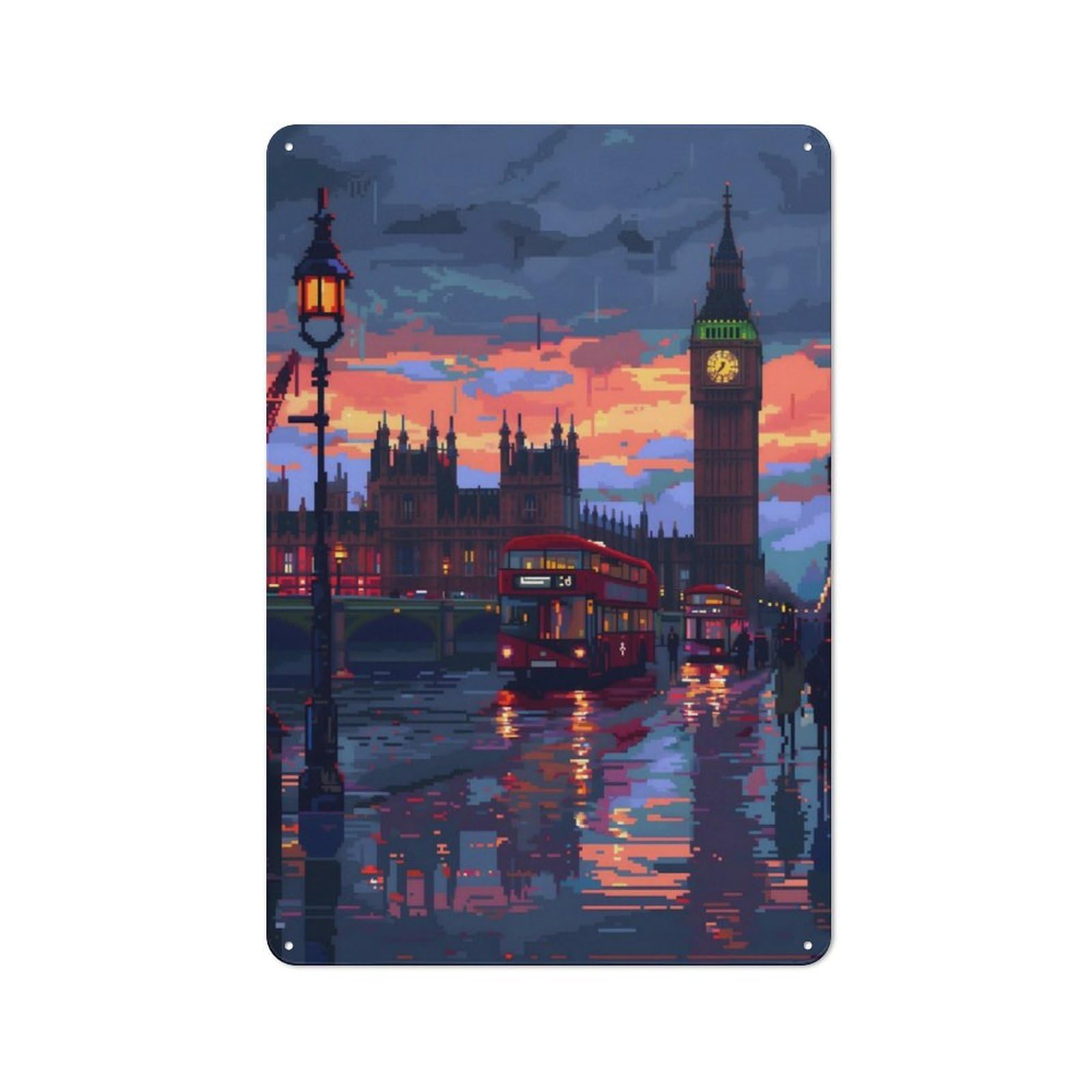 Junmoney London Pixel Art 8Bit For Garden Room Or Summerhouse, Vintage Tin Sign 30X20cm, A Metal Wall Feature For Garden Rooms And Summerhouses