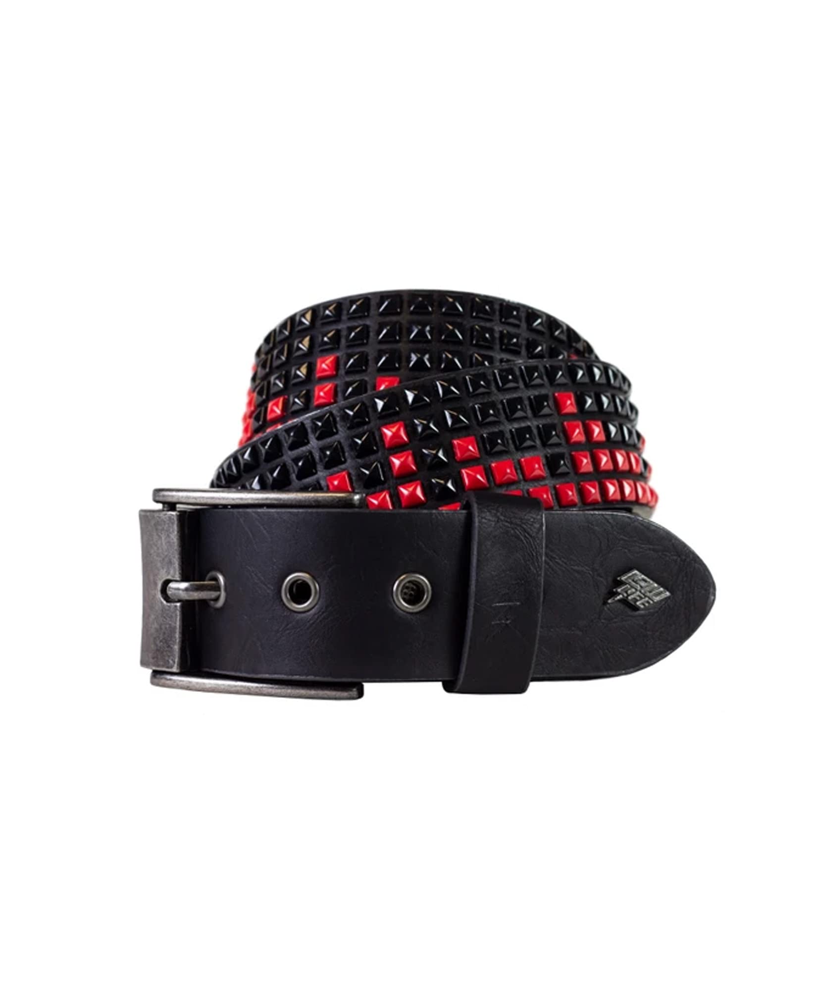 Lowlife of London Belts Shrink 5 Row Pyramid Leather Belt in Black Red X Small, Studded Punk Goth Rock Pyramid Belt, Metal Stud Five Row Rivet for Men and Women