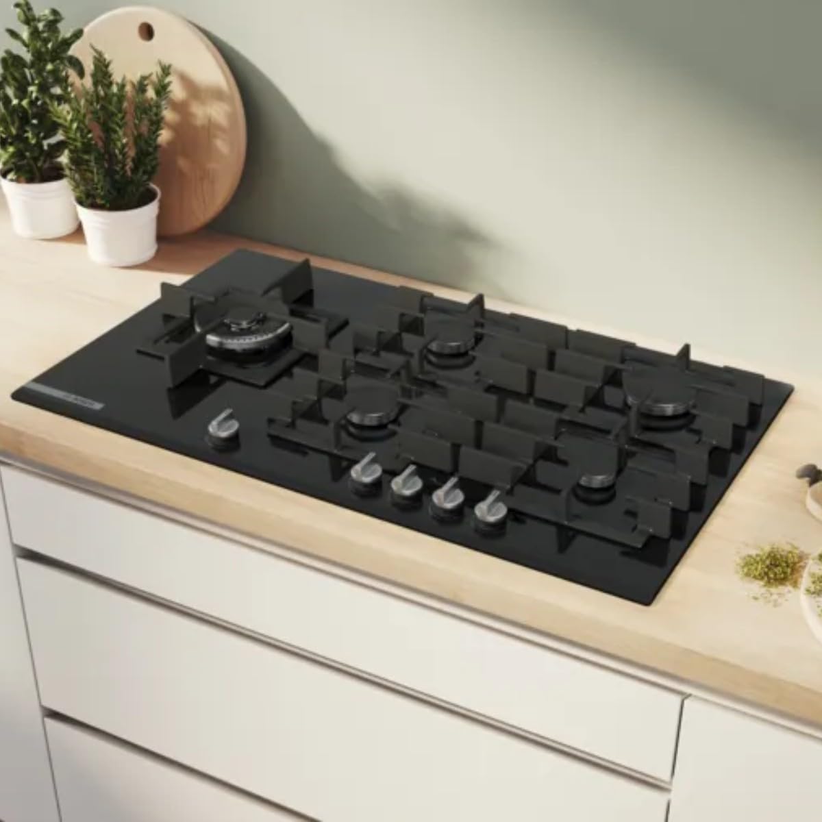 Bosch PRS9A6H40 Serie 8 - Placa de gas de 90 cm, 9 niveles FlameSelect, control táctil, soporte apto para lavavajillas, Smart Hood Automatic, Home Connect, apagado de gas de seguridad, cristal