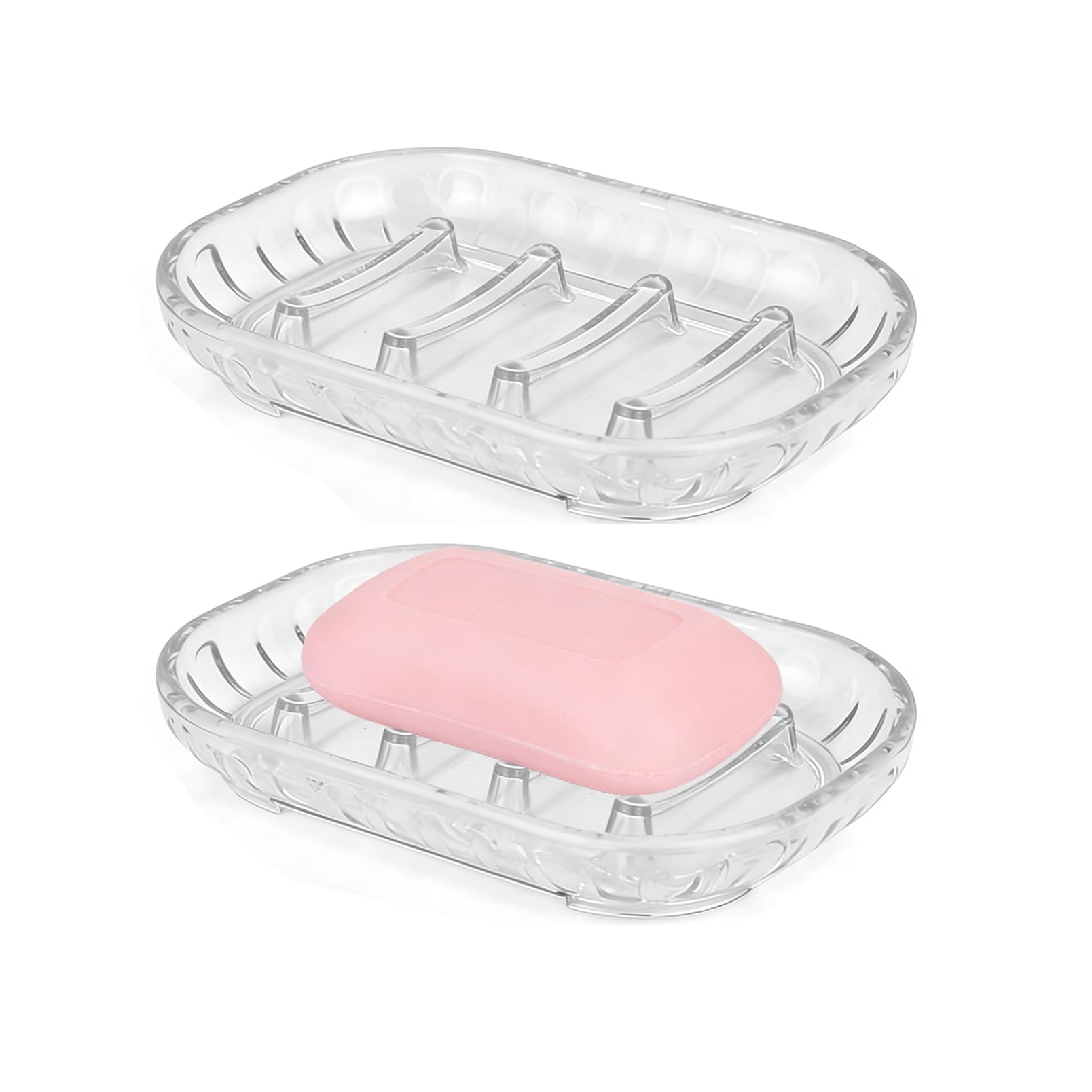 AMUONTY 2-Pack Soap Dish Holder for Bar Soap, Bathroom Soap Dishes Soap Holder, Soap Saver Dry Stop Mushy Soap Tray for Shower Bathroom, Kitchen Sink,Clear