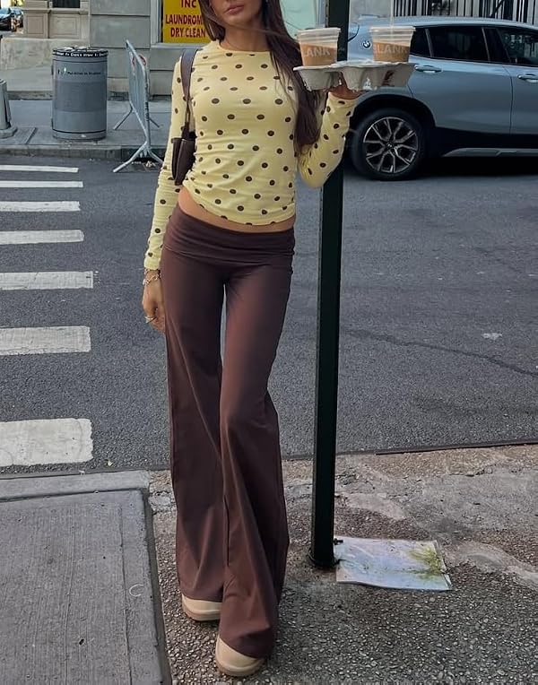 Women Polka Dot Top Long Sleeve Crewneck Y2K Crop Tops Dots Print Stretch Slim Fit T Shirts Whimsy Clothes (Basic Yellow,X-Large) by UAURORAO - Used condition - Image 3