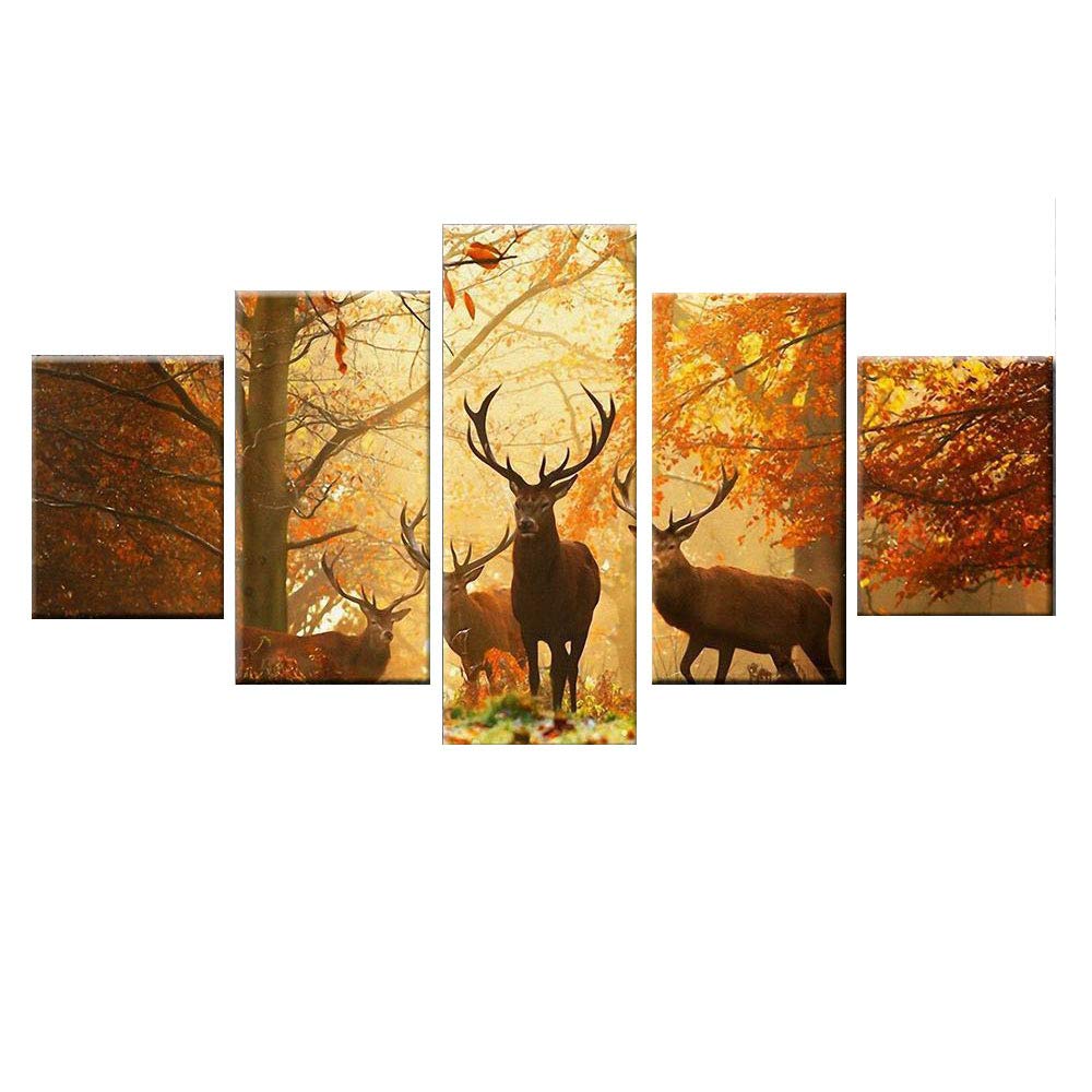 Art mural pour salon et chambre : peinture décorative animaux forêt 5 pièces