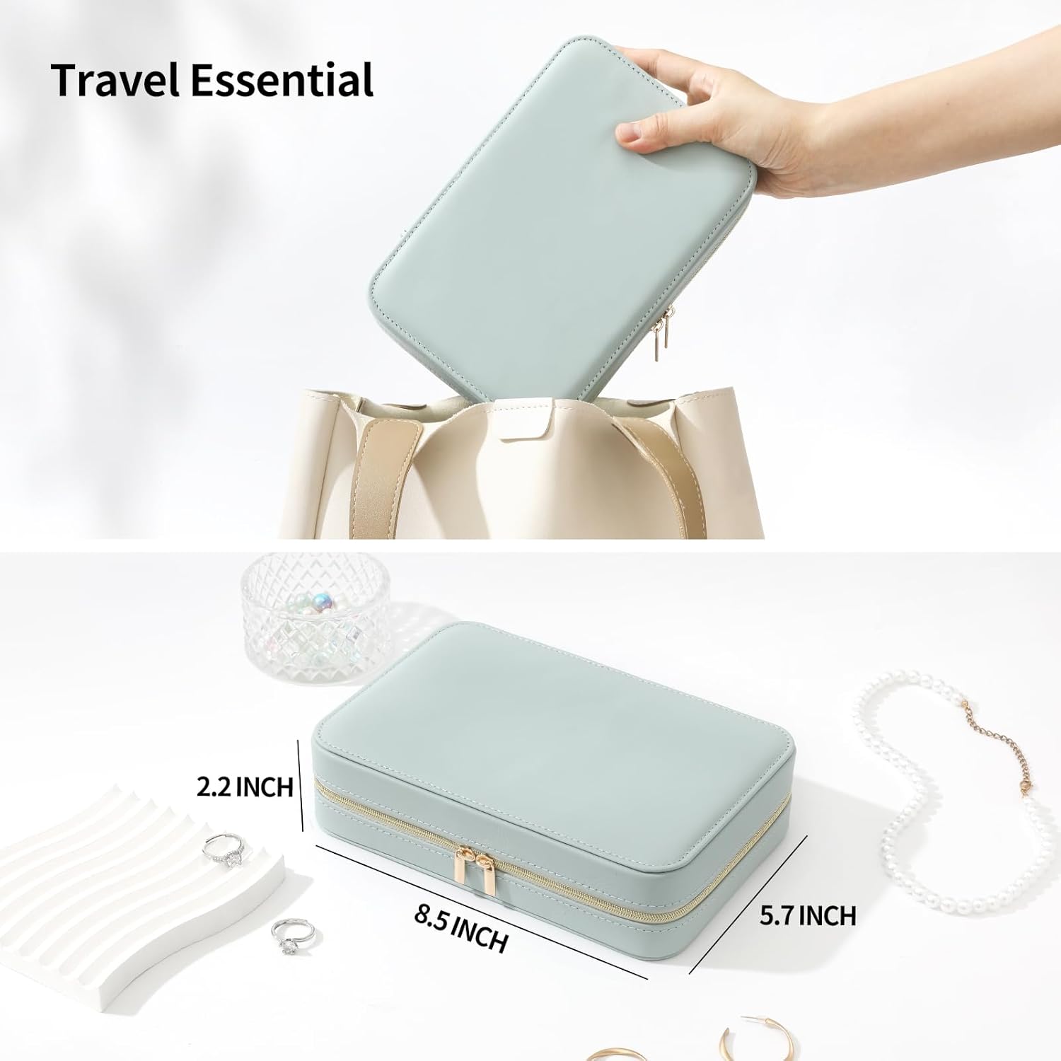Genuine Leather Travel Jewelry Organizer Case Box with Mirror for Women, Small Mini Portable Jewelry Box for Ring Earrings Necklace Bracelet Luxury Gift for Women（Beige）