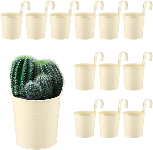 Paquete de 12 macetas colgantes para balcón, barandilla blanca de 4 pulgadas, soporte pequeño para plantas colgantes para interiores, macetas