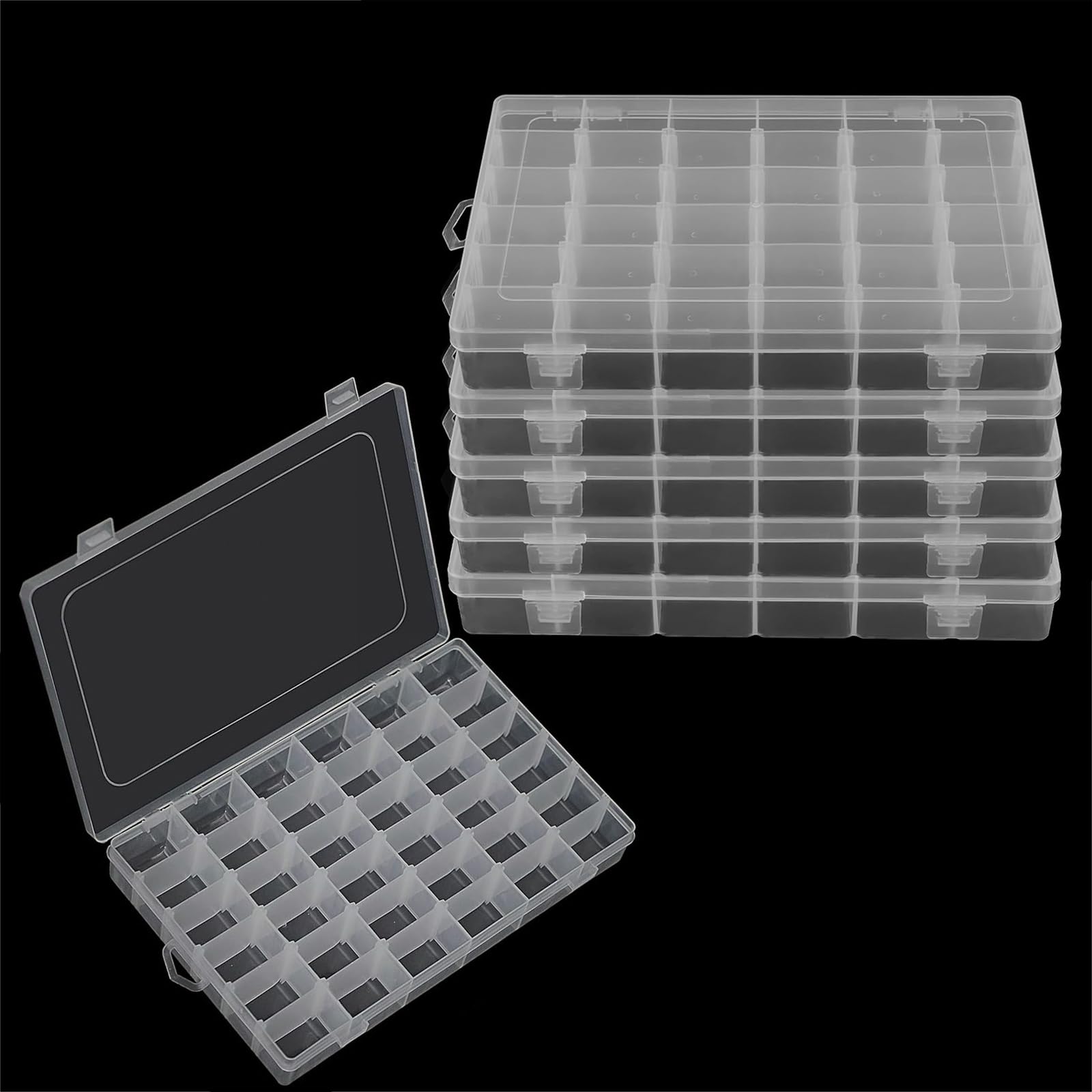 6 Pezzi Scatola con 36 Scomparti, Scatole Portaoggetti Plastica 27.5 x 17.8 cm, con Divisori Regolabili, Contenitore Transparenti per Perline, Snack, Orecchini